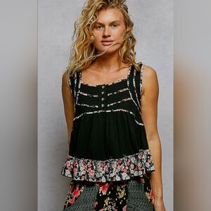 #1342 POL Contrast Ruffle Tank - Black